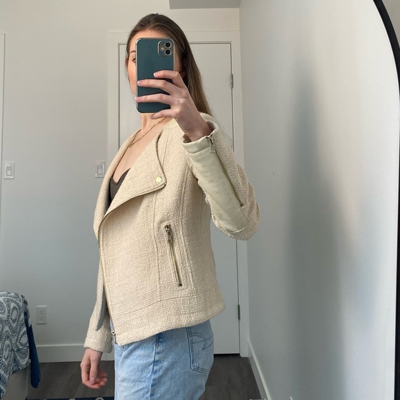 Banana Republic - Asymmetrical Leather Accent Jacket - Vegan - Cream - Picture 2 of 7